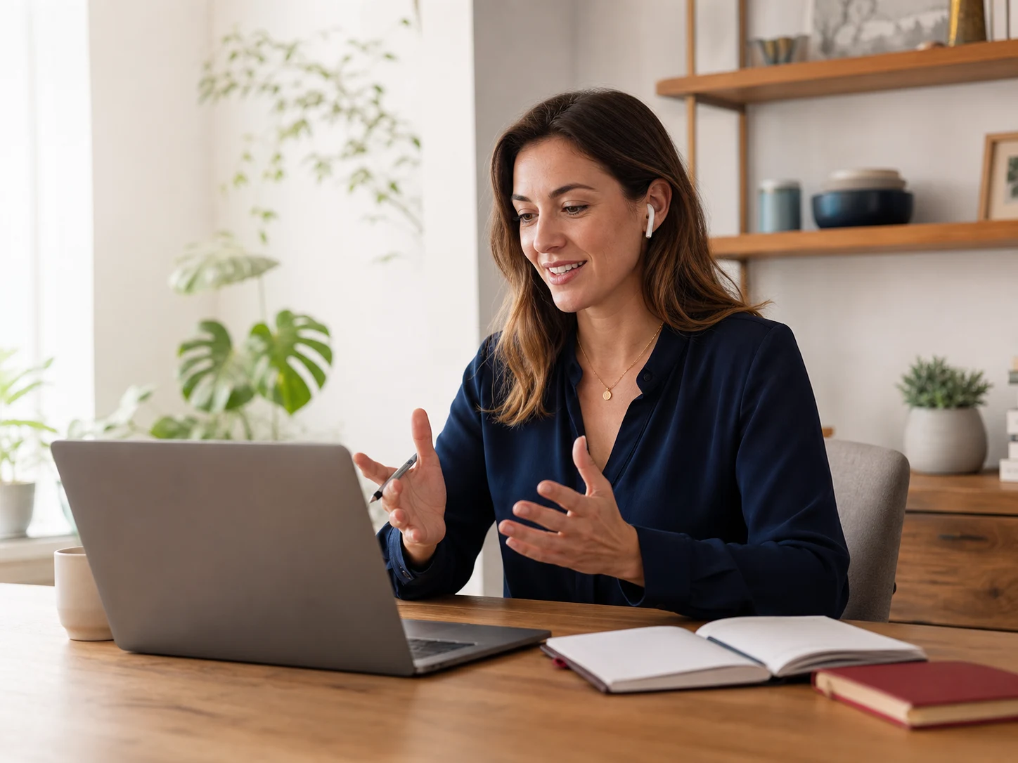 Independent contractor on a video call from a home office